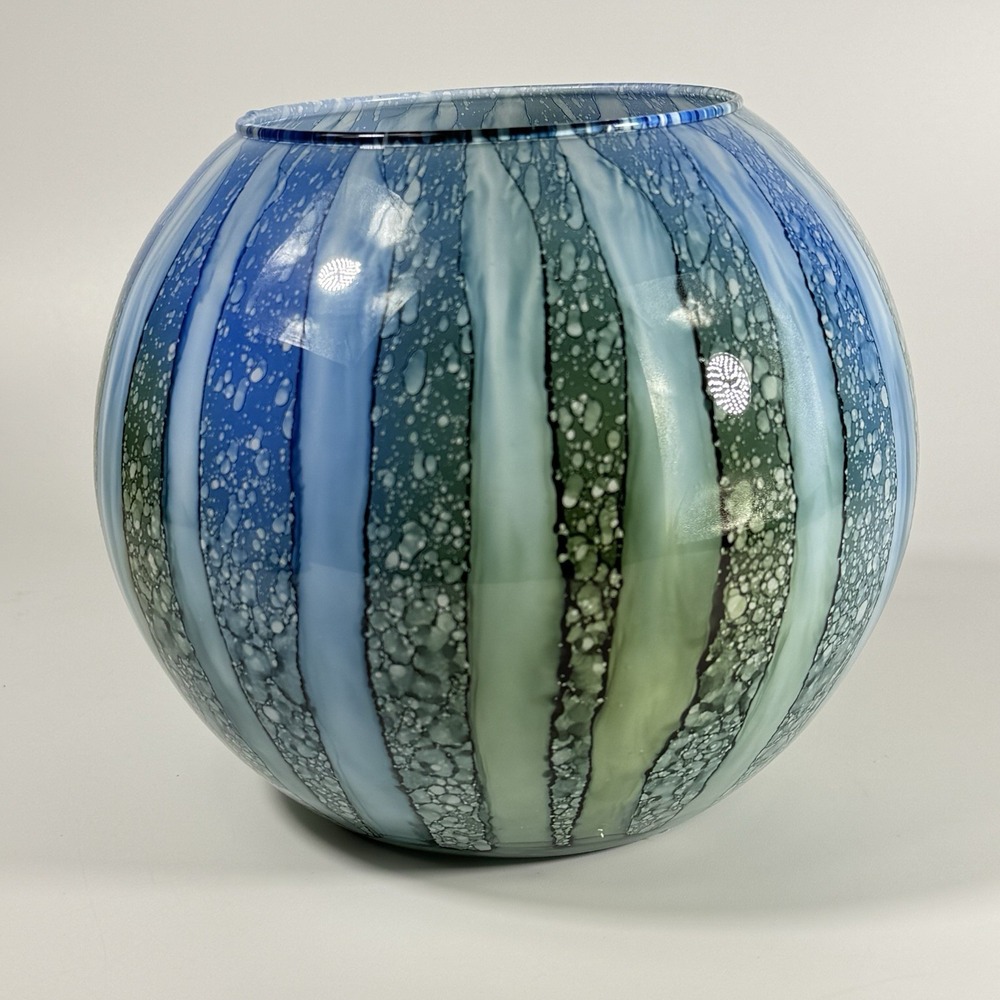 Vintage Art Glass, Hand Blown Rose Bowl Vase, Blue Green Watercolor‎ 7" - Picture 4 of 11
